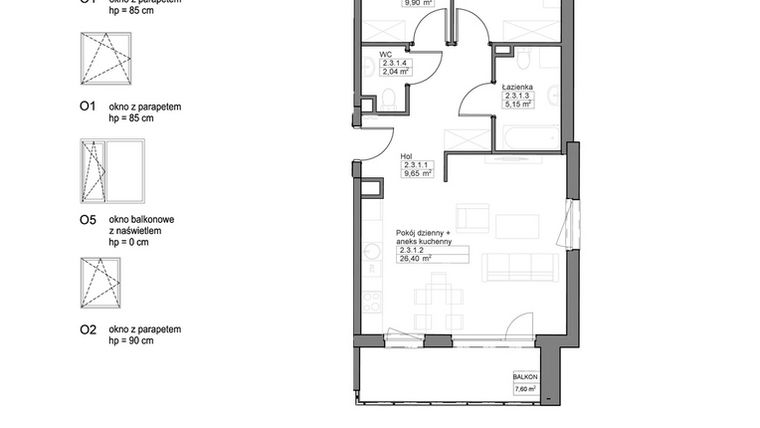 Rzut - Mieszkanie na sprzedaż 3 pokoje o powierzchni 65,09 m² - numer A.2.3.1 w Optima VIII