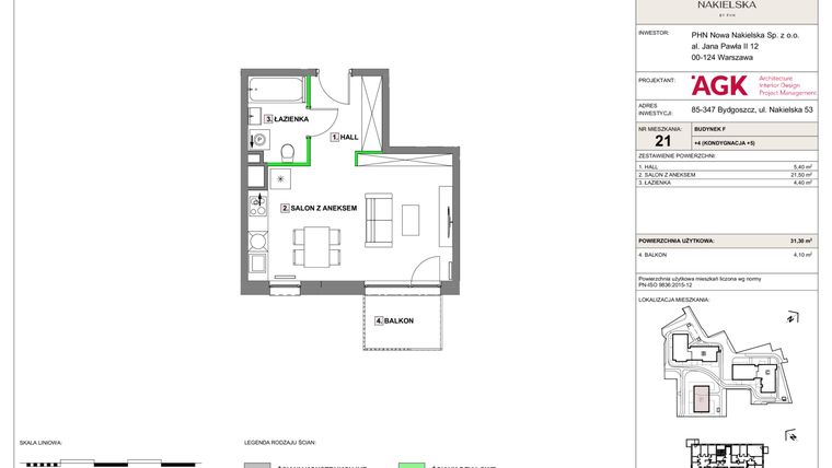 Rzut - Mieszkanie na sprzedaż 1 pokój o powierzchni 31,3 m² - numer NN-F-LM-21 w Nowa Nakielska by PHN