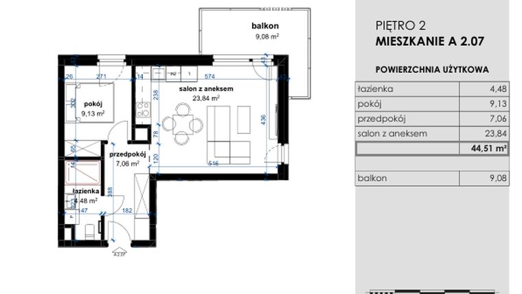 Rzut - Mieszkanie na sprzedaż 2 pokoje o powierzchni 44,51 m² - numer A 2.07 w Osiedle Kwiatowe