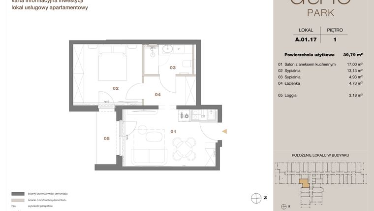 Rzut - Mieszkanie na sprzedaż 2 pokoje o powierzchni 39,79 m² - numer A 01.17 w DUNE Park