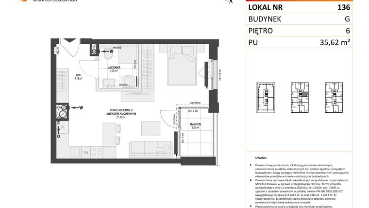 Rzut - Mieszkanie na sprzedaż 1 pokój o powierzchni 35,62 m² - numer G.136 w DOKI etap II (bud. G)