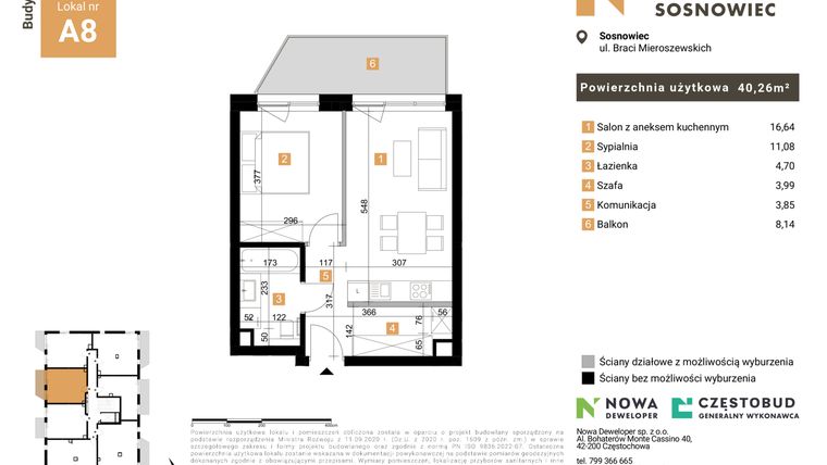Rzut - Mieszkanie na sprzedaż 2 pokoje o powierzchni 40,26 m² - numer 8 w Nowy Sosnowiec
