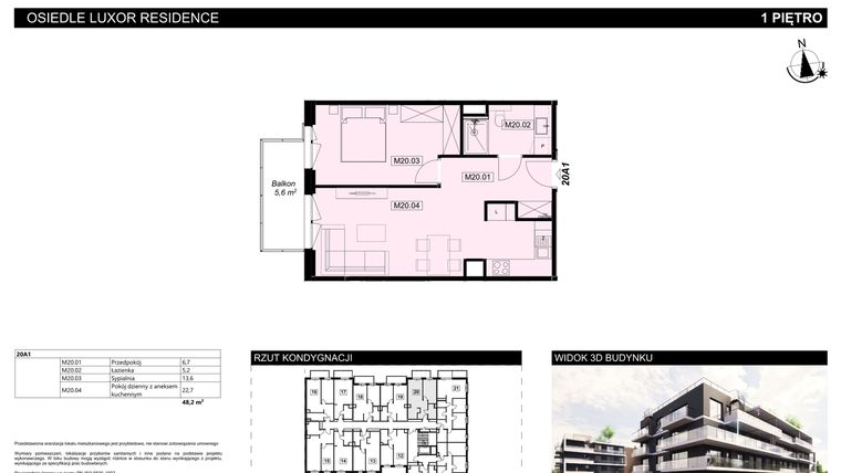 Rzut - Mieszkanie na sprzedaż 2 pokoje o powierzchni 48,2 m² - numer A1.20 w Luxor Residence