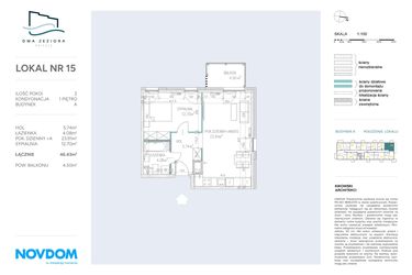 Rzut - Mieszkanie na sprzedaż 2 pokoje o powierzchni 46,43 m² - numer A.15 w Dwa Jeziora