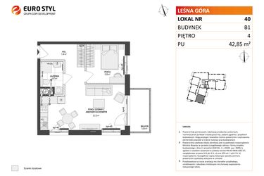 Rzut - Mieszkanie na sprzedaż 2 pokoje o powierzchni 42,85 m² - numer 40 w Leśna Góra