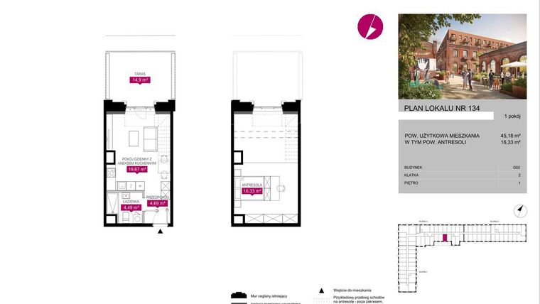 Rzut - Mieszkanie na sprzedaż 1 pokój o powierzchni 45,18 m² - numer G2.134 w Fuzja Lofty
