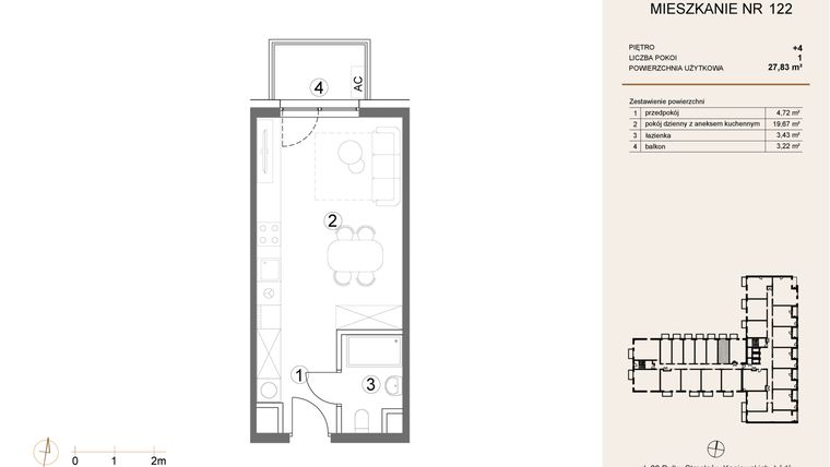 Rzut - Mieszkanie na sprzedaż 1 pokój o powierzchni 27,83 m² - numer 122 w Waterlane Vibe