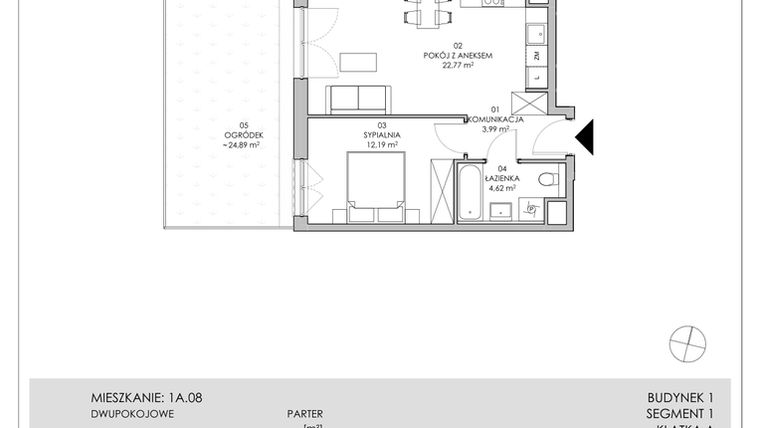 Rzut - Mieszkanie na sprzedaż 2 pokoje o powierzchni 43,57 m² - numer 1A.08 w Skwer Harmonia II