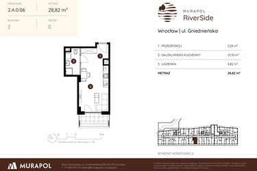 Rzut - Mieszkanie na sprzedaż 1 pokój o powierzchni 28,82 m² - numer 2.A.0.06 w Murapol RiverSide