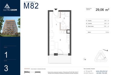 Rzut - Mieszkanie na sprzedaż 1 pokój o powierzchni 29,06 m² - numer M082 w Ultradom