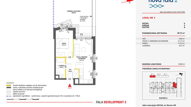 Rzut - Mieszkanie na sprzedaż 2 pokoje o powierzchni 40,15 m² - numer 3 w Miasteczko Nova Fala 2