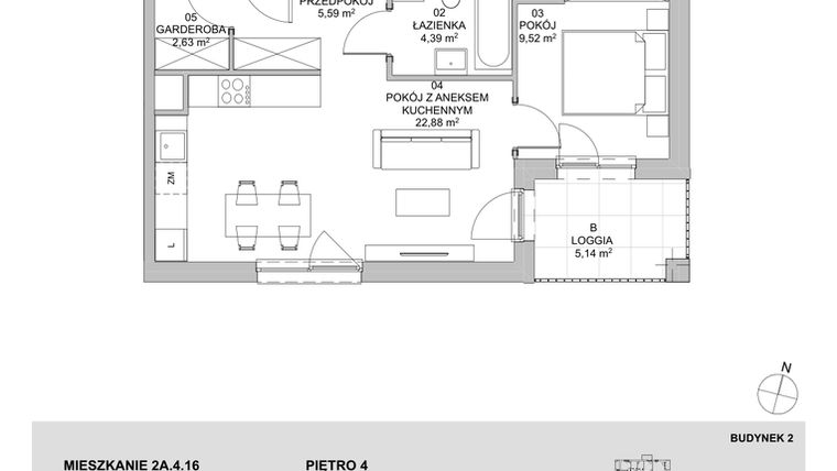Rzut - Mieszkanie na sprzedaż 2 pokoje o powierzchni 45,01 m² - numer 2A.4.16 w Francuska Park VIIIA