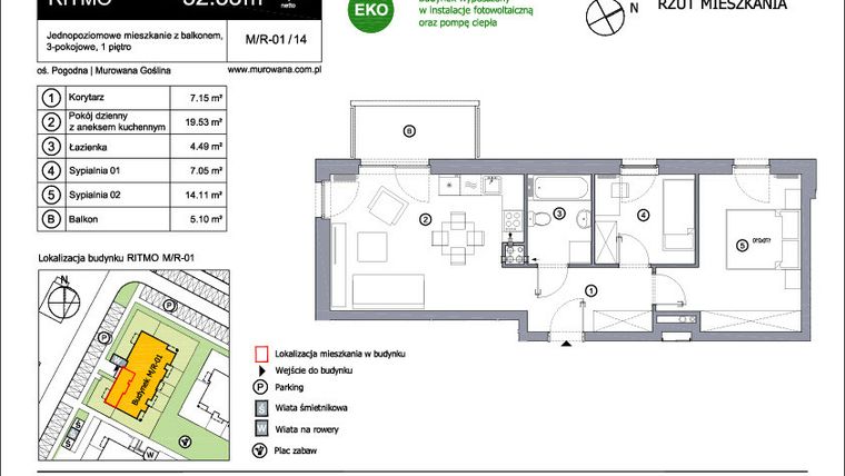 Rzut - Mieszkanie na sprzedaż 3 pokoje o powierzchni 52,33 m² - numer M_R-1_14 w os. Stolarska