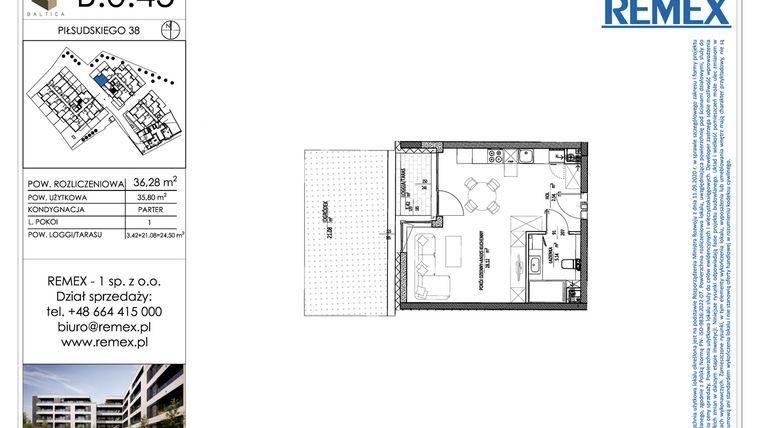 Rzut - Mieszkanie na sprzedaż 1 pokój o powierzchni 35,8 m² - numer B.0.45 w Osiedle BALTICA