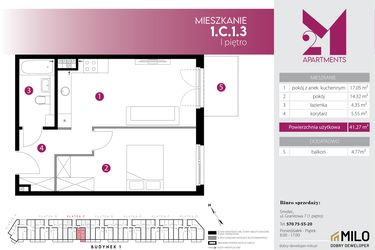 Rzut - Mieszkanie na sprzedaż 2 pokoje o powierzchni 41,27 m² - numer 1.C.1.3 w Maślice Wrocław Milo Dobry Deweloper etap IV