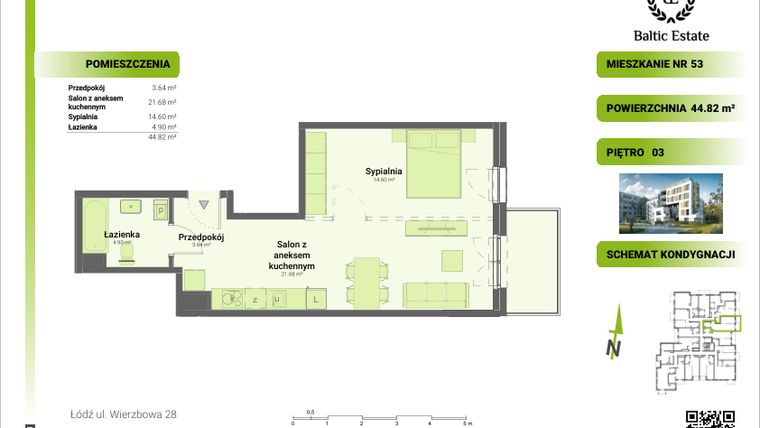 Rzut - Mieszkanie na sprzedaż 2 pokoje o powierzchni 44,82 m² - numer 03.M.53 w Dom Architekta