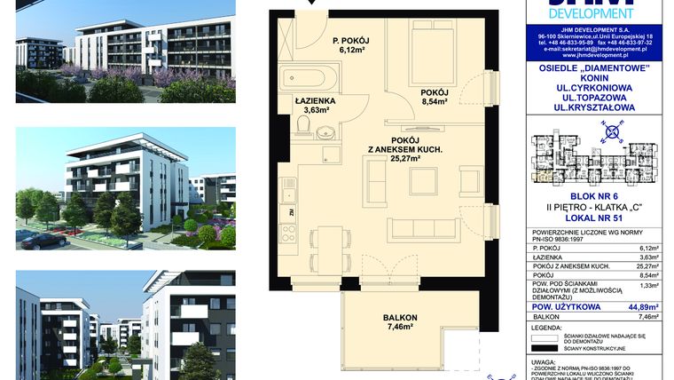 Rzut - Mieszkanie na sprzedaż 2 pokoje o powierzchni 44,89 m² - numer 6.C.2.51 w Osiedle Diamentowe