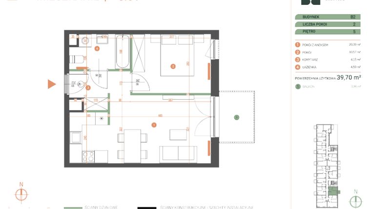 Rzut - Mieszkanie na sprzedaż 2 pokoje o powierzchni 39,7 m² - numer M.05.01 w Casa Feliz Portowa
