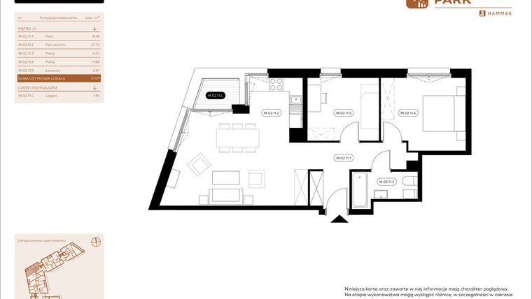 Rzut - Mieszkanie na sprzedaż 3 pokoje o powierzchni 61,09 m² - numer 2.11 w Białoprądnicka Park