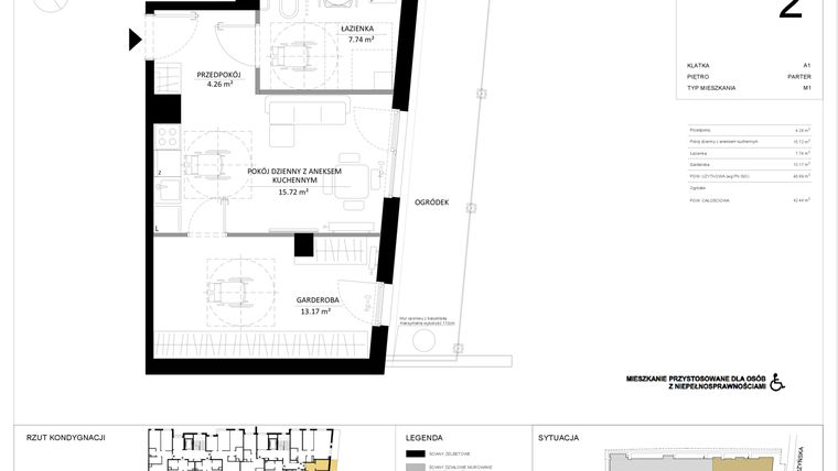 Rzut - Mieszkanie na sprzedaż 1 pokój o powierzchni 40,89 m² - numer 2 w SILO