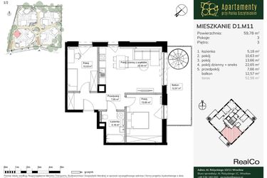 Rzut - Mieszkanie na sprzedaż 3 pokoje o powierzchni 59,78 m² - numer D1.M11 w Apartamenty przy Parku Szczytnickim