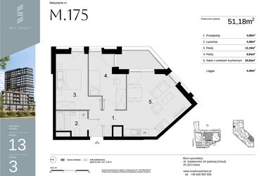 Rzut - Mieszkanie na sprzedaż 3 pokoje o powierzchni 51,18 m² - numer M175 w Sky Trust etap II