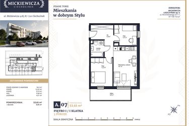 Rzut - Mieszkanie na sprzedaż 3 pokoje o powierzchni 53,65 m² - numer A7 w Mickiewicza