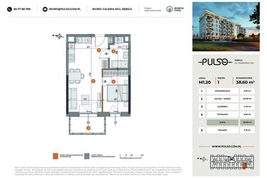 Rzut - Mieszkanie na sprzedaż 2 pokoje o powierzchni 38,6 m² - numer M1.20 w Pulso