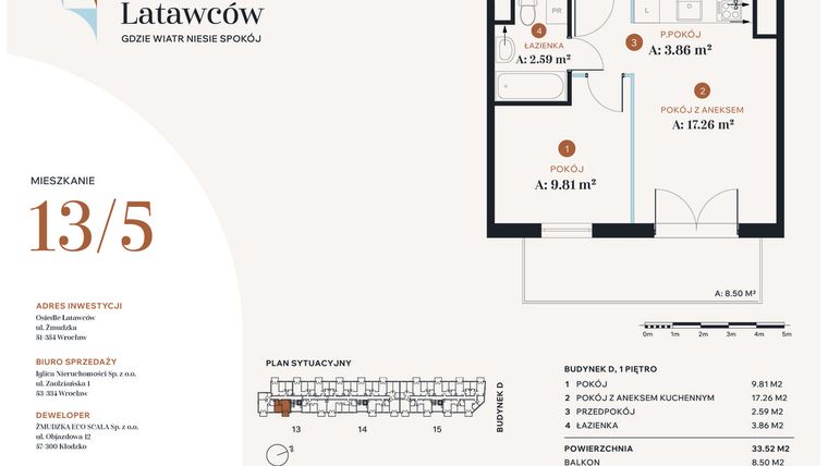 Rzut - Mieszkanie na sprzedaż 2 pokoje o powierzchni 33,52 m² - numer D13-5 w Osiedle Latawców