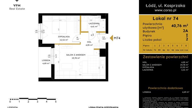 Rzut - Mieszkanie na sprzedaż 2 pokoje o powierzchni 40,76 m² - numer 2A.74 w Corso etap 2