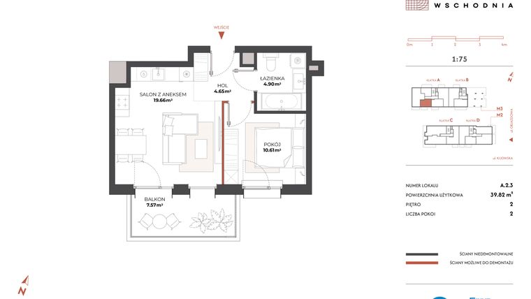 Rzut - Mieszkanie na sprzedaż 2 pokoje o powierzchni 39,82 m² - numer A.2.3 w Drucianka Wschodnia