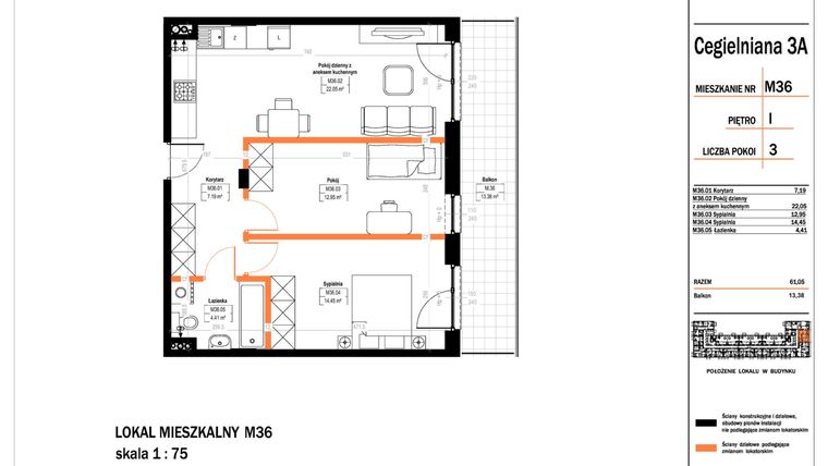 Rzut - Mieszkanie na sprzedaż 3 pokoje o powierzchni 61,05 m² - numer 36 w Osiedle StaLove etap II