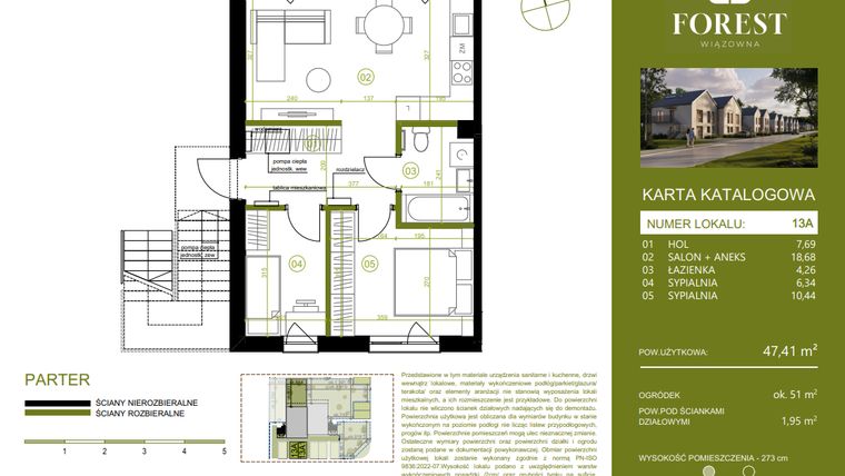 Rzut - Mieszkanie na sprzedaż 3 pokoje o powierzchni 47,41 m² - numer 13A w Wiązowna Forest