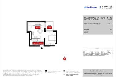 Rzut - Mieszkanie na sprzedaż 1 pokój o powierzchni 34,74 m² - numer WR3 1/1/1/1a w Przystań Reymonta etap II