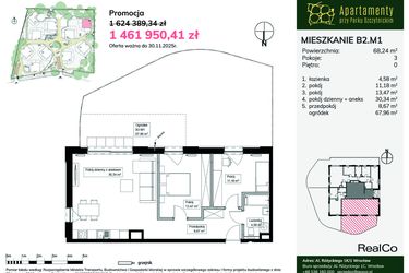 Rzut - Mieszkanie na sprzedaż 3 pokoje o powierzchni 68,24 m² - numer B2.M1 w Apartamenty przy Parku Szczytnickim