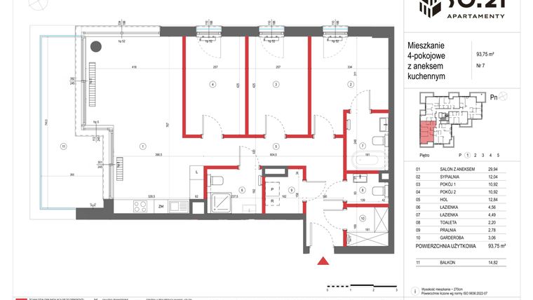 Rzut - Mieszkanie na sprzedaż 4 pokoje o powierzchni 93,75 m² - numer 7 w SO.21