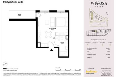 Rzut - Mieszkanie na sprzedaż 1 pokój o powierzchni 34,86 m² - numer A89 w Witosa Park