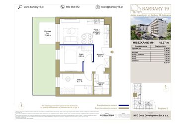Rzut - Mieszkanie na sprzedaż 2 pokoje o powierzchni 42,07 m² - numer M11 w Barbary 19