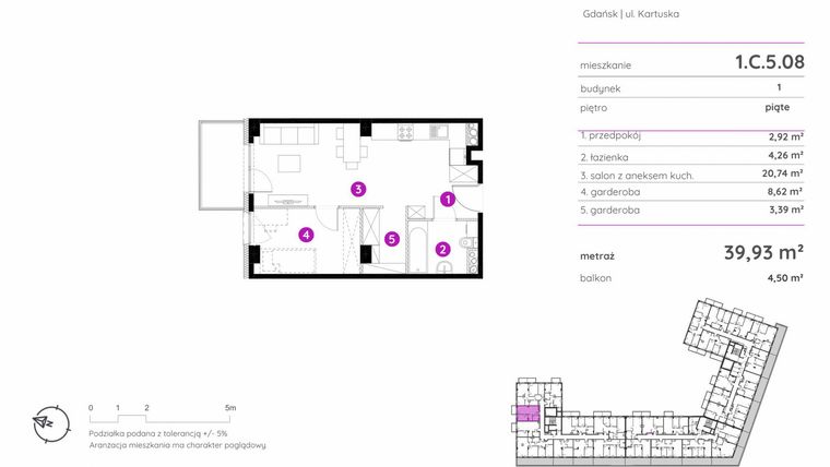 Rzut - Mieszkanie na sprzedaż 1 pokój o powierzchni 39,93 m² - numer 1.C.5.08 w Murapol Scarpa
