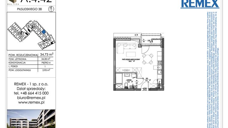 Rzut - Mieszkanie na sprzedaż 1 pokój o powierzchni 34,28 m² - numer A.4.42 w Osiedle BALTICA