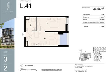 Rzut - Mieszkanie na sprzedaż 2 pokoje o powierzchni 36,56 m² - numer L41 w Sky Trust etap II - apartamenty inwestycyjne 23% VAT PRS