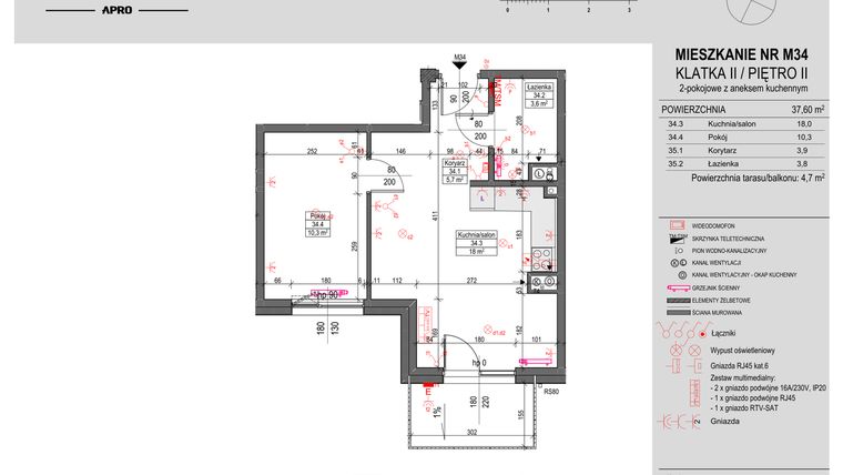 Rzut - Mieszkanie na sprzedaż 2 pokoje o powierzchni 37,6 m² - numer M34 w Antczaka 46