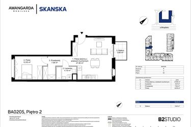 Rzut - Mieszkanie na sprzedaż 2 pokoje o powierzchni 51,1 m² - numer 1BA0205 w Awangarda Mogilska