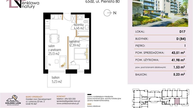 Rzut - Mieszkanie na sprzedaż 2 pokoje o powierzchni 41,98 m² - numer D17 w Enklawa Natury