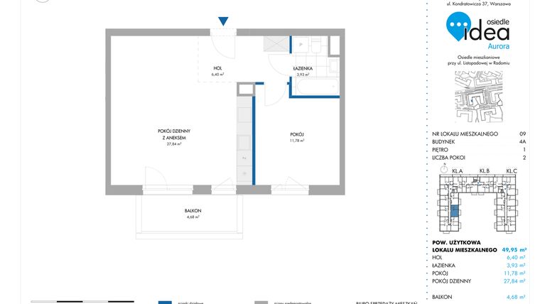 Rzut - Mieszkanie na sprzedaż 2 pokoje o powierzchni 49,95 m² - numer 9.4A w Osiedle Idea Aurora
