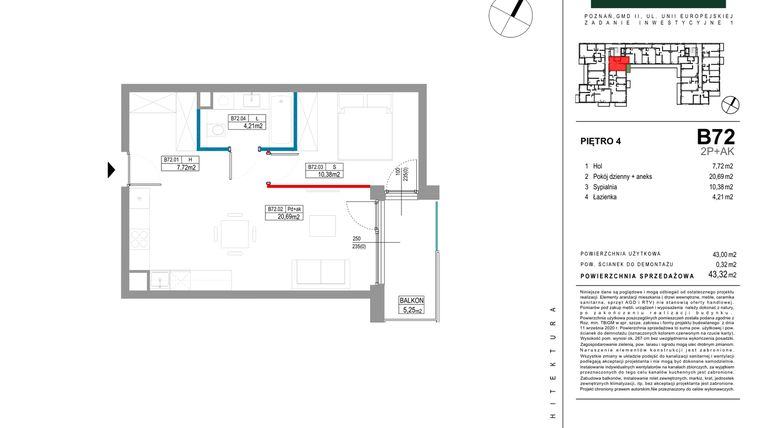 Rzut - Mieszkanie na sprzedaż 2 pokoje o powierzchni 43,32 m² - numer B072 w Grunwald Między Drzewami etap II