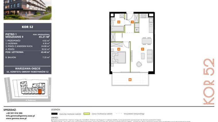 Rzut - Mieszkanie na sprzedaż 2 pokoje o powierzchni 43,39 m² - numer M9 w KOR 52