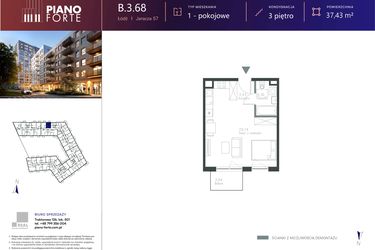 Rzut - Mieszkanie na sprzedaż 1 pokój o powierzchni 37,43 m² - numer B.3.68 w Piano