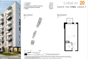 Rzut - Mieszkanie na sprzedaż 1 pokój o powierzchni 35,11 m² - numer C.20 w Osiedle Kochanowskiego - Gliwice