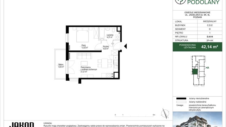 Rzut - Mieszkanie na sprzedaż 2 pokoje o powierzchni 42,11 m² - numer D.A14 w Sielskie Podolany II